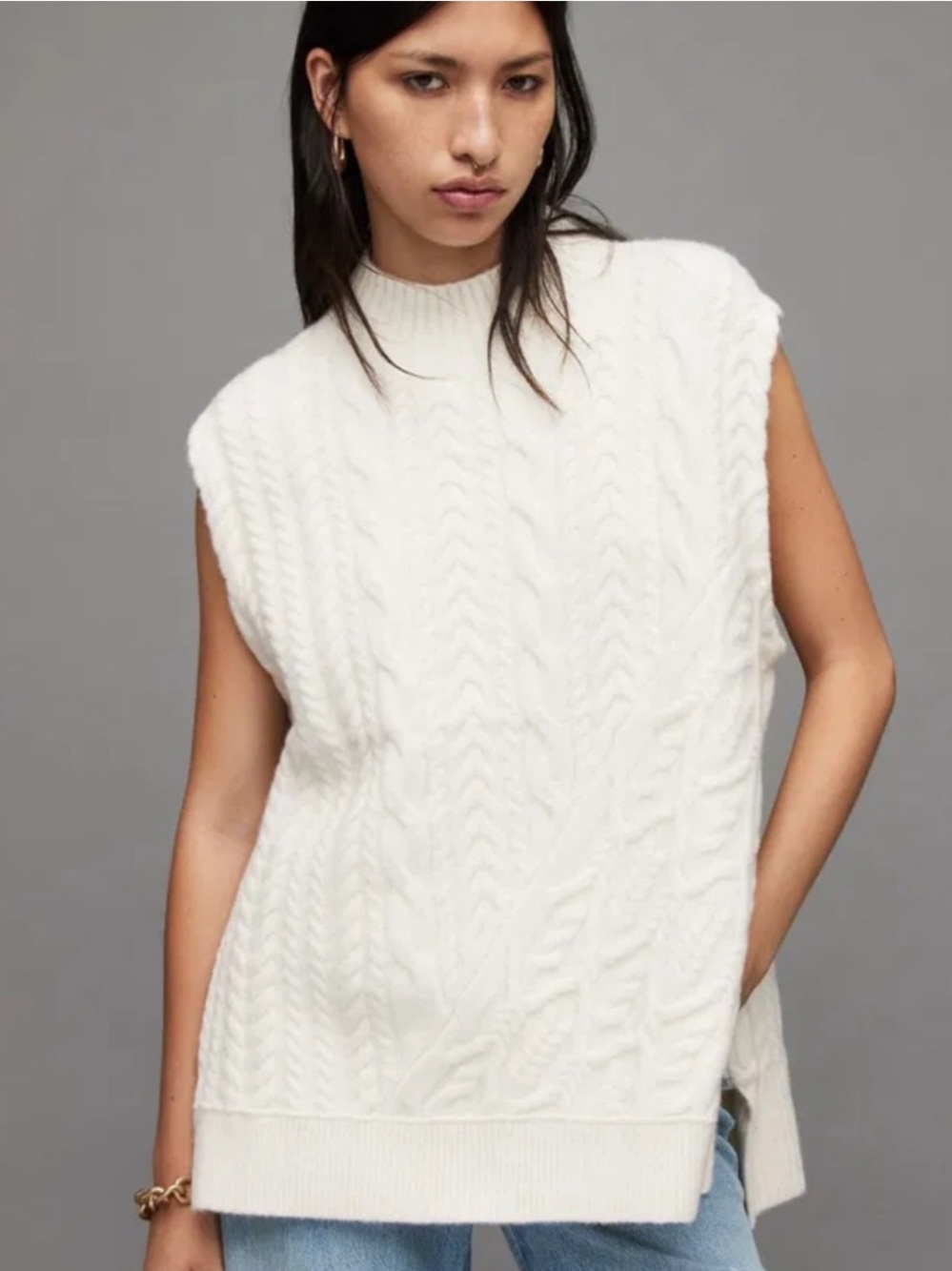 ALL SAINTS Wool Yak Arvid Tank Sweater Vest Cable Knit Contrast High Neck M